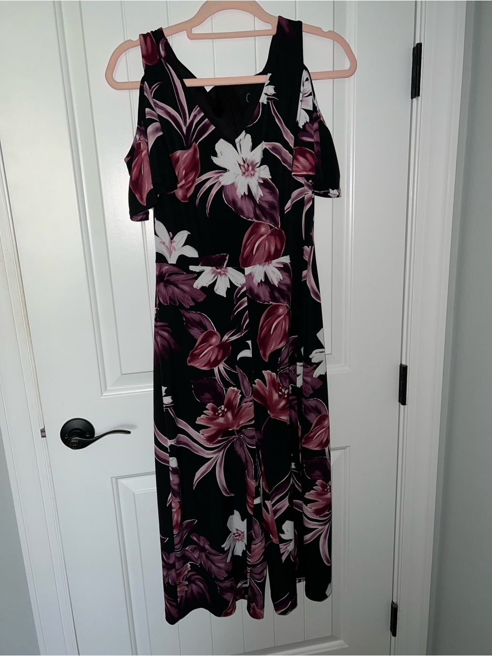 Connected Apparel Black with Plum & White Floral Accents Cold Shoulder Jumpsuit